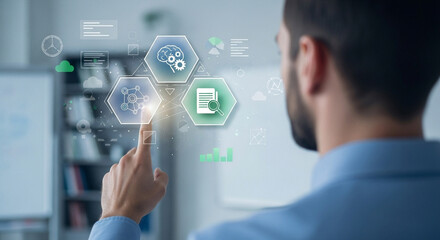 Man interacting with digital interface displaying brain, data, and document icons in a modern office