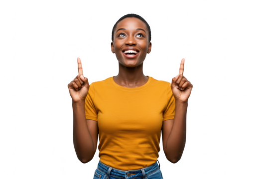 A young african american woman with her index fingers pointing upwards looking up with a happy and excited expression against a transparent background