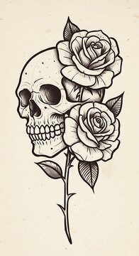 Memento Mori: Roses & Skull, Ink Illustration