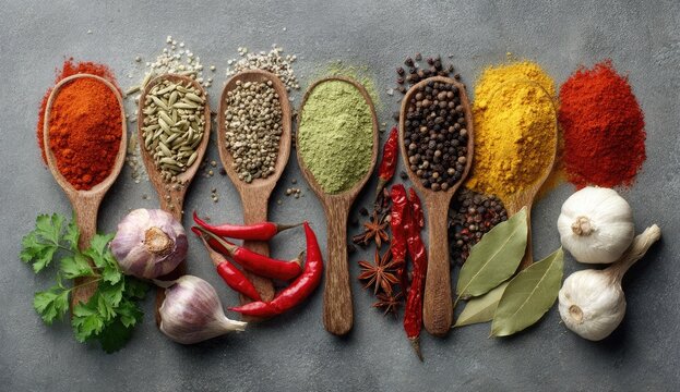 Wooden spoons filled with various colorful spices and herbs, including powders, seeds, and whole spices, displayed on a gray stone surface