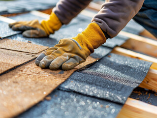 Installing waterproof underlayment on pitched roof – close-up detail