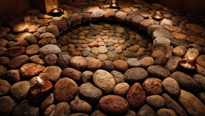 Circular stone basin, warm tones, spa ambiance