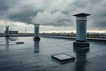 Flat industrial roof with bitumen waterproofing and ventilation shafts