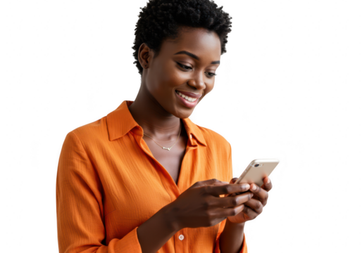 A smiling african american woman with short black hair wears an orange shirt and looks down at her smartphone while texting isolated on transparent