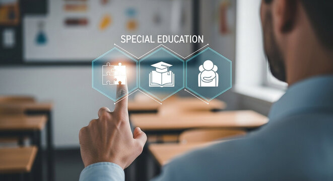 A person interacting with a special education interface in a classroom environment setting view - Powered by Adobe