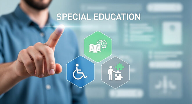 Man pointing at special education icons on a digital screen with inclusive learning concept shown