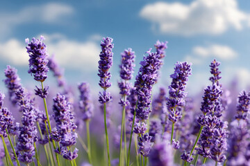 Obraz premium Field of lavender flowers under a bright blue sky, vibrant colors, calming scene.