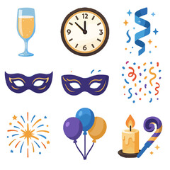 Clock celebration bundle balloon candle icon flute icons mask midnight sparkling vector
