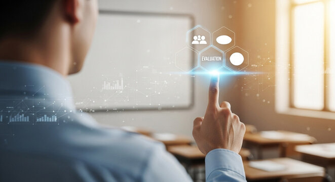 Man pointing at evaluation icon in classroom with whiteboard and desks in the background view from behind