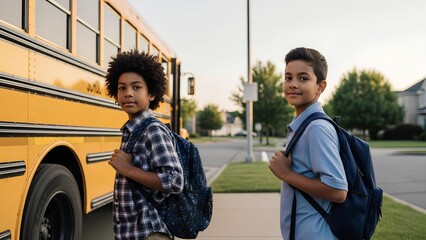 Two schoolboys with backpacks standing by a yellow school bus
