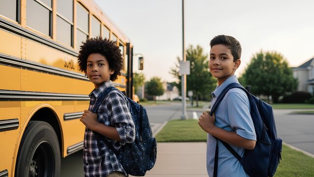 Two schoolboys with backpacks standing by a yellow school bus