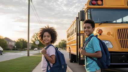Two happy children with backpacks by school bus on street