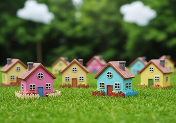 緑豊かな芝生にカラフルなミニチュアハウスが並ぶ可愛らしい風景です。
