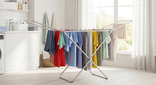 Freshly washed colorful garments air-drying on a large foldable clothes horse in a bright, modern laundry room
