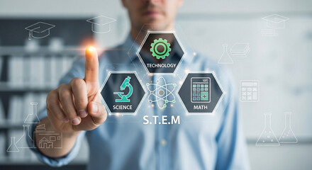 Man pointing at stem icons representing science technology engineering and mathematics education concept