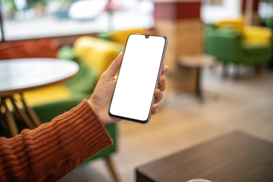 Person holding a black smartphone in a cafe