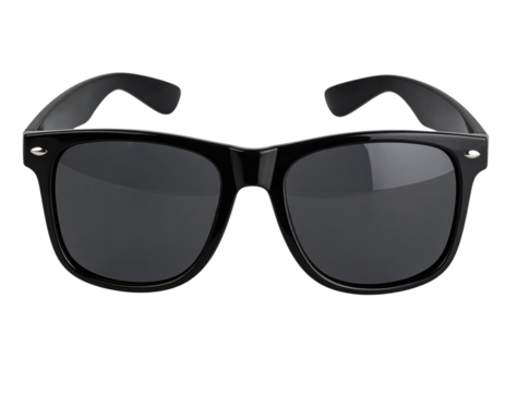 Classic Black Wayfarer Sunglasses Front View with Shadow, Transparent Background PNG