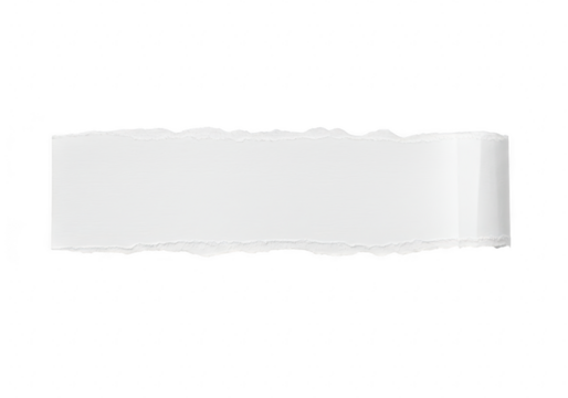 A horizontal piece of torn white paper with a rolled edge and rough texture is isolated on a clean transparent background providing copy space