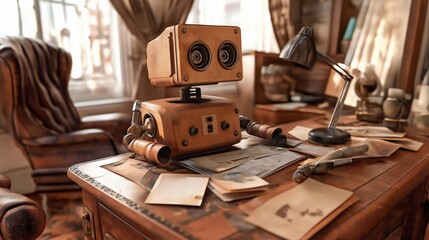 Vintage robot on desk: A charming vintage robot sits amidst scattered documents on a wooden desk, illuminated by a warm desk lamp in a study room, evokes nostalgia and curiosity