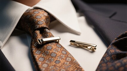 Elegant formal attire featuring a patterned tie with a metallic tie clip