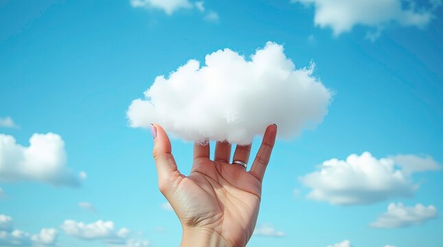 Hand holding a fluffy white cloud in vibrant blue sky, serene vision, 3D render