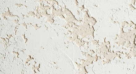 Detailed close-up of old, peeling white paint on a weathered and textured surface, creating an abstract grunge background.