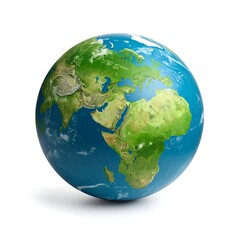 A detailed 3D model of Earth, centered on Africa and Eurasia, set against a white backdrop