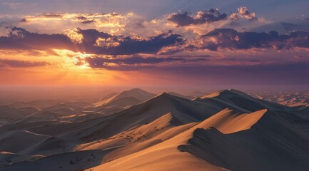 Sunset over vast, rolling sand dunes, vibrant colors in sky