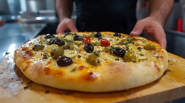 Traditional focaccia with different types of olives - Powered by Adobe