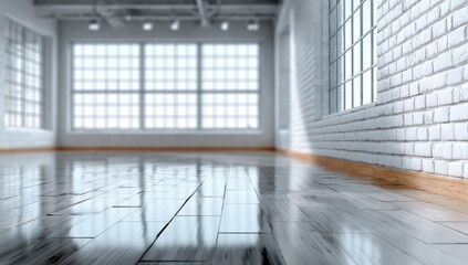 Bright, spacious room with large windows, exposed brick wall, and glossy wooden floor