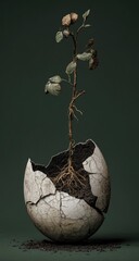 A fragile plant sprouts from a cracked eggshell, symbolizing new life and vulnerability