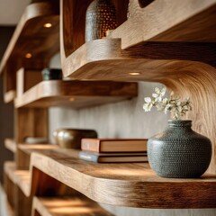 Organic wood shelving unit with integrated lighting displays decorative objects
