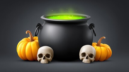 A glowing cauldron with bubbling green liquid, surrounded by skulls and pumpkins, text space at the bottom