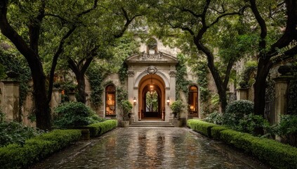 Fototapeta premium Grand estate entrance, lush greenery, arched doorway