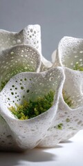 Delicate white ceramic forms cradle vibrant green sprigs
