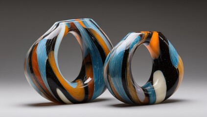 Two abstract glass sculptures with swirling patterns and central openings