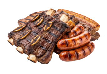 Argentinian asado, perfectly grilled mixed meat platter with juicy short ribs, golden sausages, flank steak, pork belly on transparent high-key studio background, high angle, culinary excellence
