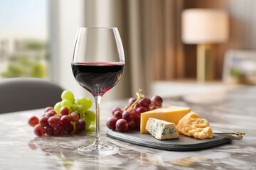 Naklejka premium Glass of red wine with cheese platter and grapes on a marble countertop, sophisticated ambiance.