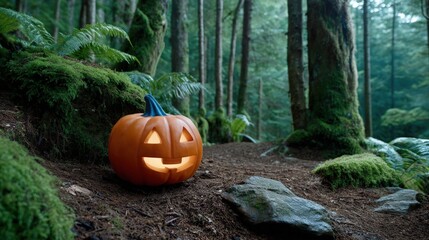 A glowing jack-o-lantern in a misty swamp with twisted trees, text space at the bottom