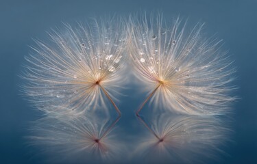 Two dandelion seed heads, mirrored, display delicate structures and water droplets