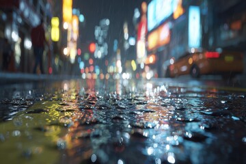 Rainy night street, city lights blurred, wet asphalt reflects neon