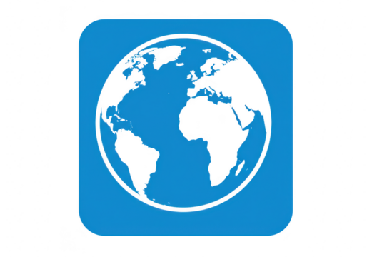 A white silhouette of the earth globe with continents displayed on a bright blue square background with rounded corners isolated on transparent