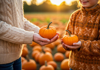 Children hold bright orange pumpkins during sunset at a pumpkin patch in autumn