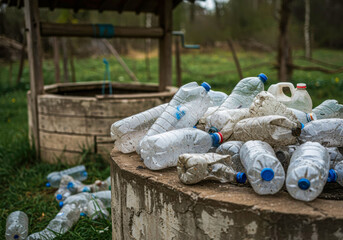 Plastic waste accumulation near a rustic well in a rural area during springtime
