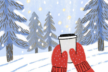 Winter day with warm drink in hand amidst snow-covered trees and gentle snowfall
