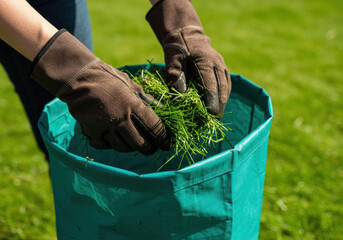 Gardener collects freshly cut grass clippings in a green bag during a sunny day in backyard garden
