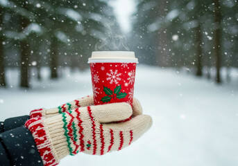Warm holiday drink enjoyed in a snowy forest while snowflakes fall softly around