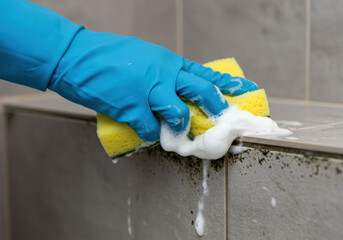 Cleaning grout with sponge in a bathroom remodeling project during daylight hours