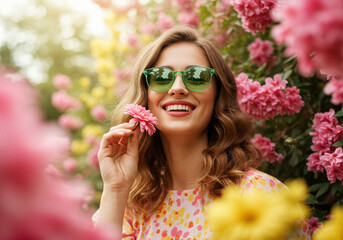 Woman enjoying a sunny moment in a blooming flower garden with vibrant roses and colorful shades