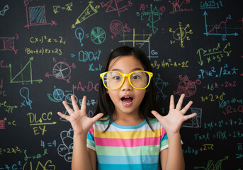 Excited child wearing glasses poses in front of colorful math and science chalkboard